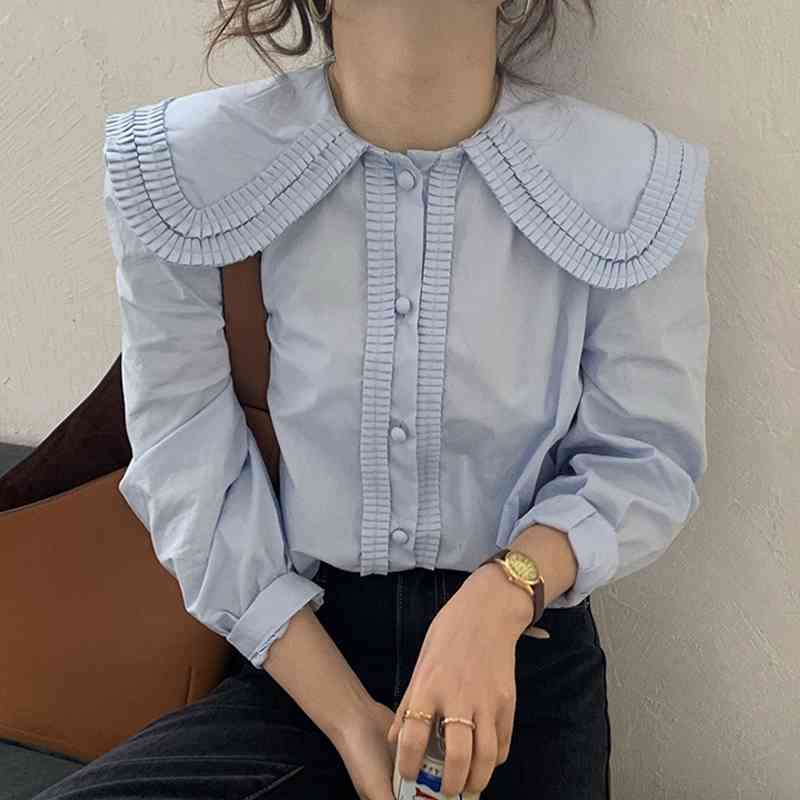 Elegant Korean Style Shirts Solid Color Blusa Single Breasted Long Sleeve Tops Pleated Design Turn Down Collar Blouse 210601, White
Elegant Korean Style Shirts Solid Color Blusa Single Breasted Long Sleeve Tops Pleated Design Turn Down Collar Blouse 210601, White
