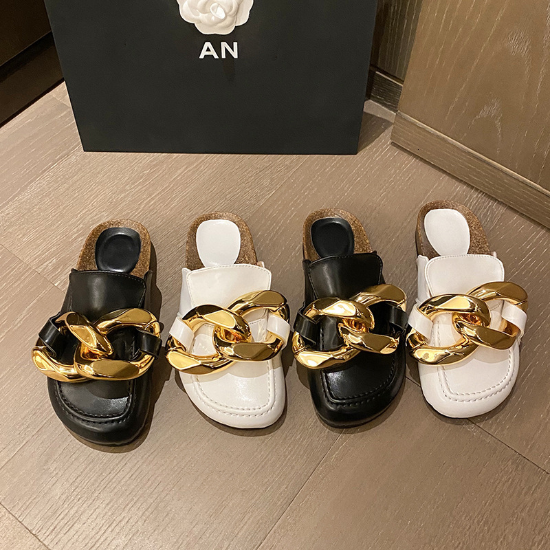 slippers leather summer for women shoes metal chain home flat beach woman heels designer sandals 6grg, Black 
slippers leather summer for women shoes metal chain home flat beach woman heels designer sandals 6grg, Black