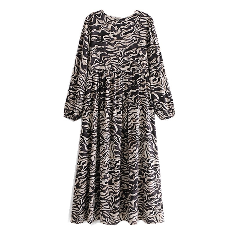 Bohemia Bandage Lacing up Collar Contrast color Zebra Print Dress BOHO Woman Long Sleeve Maxi Holiday Dresses Beach 210429
