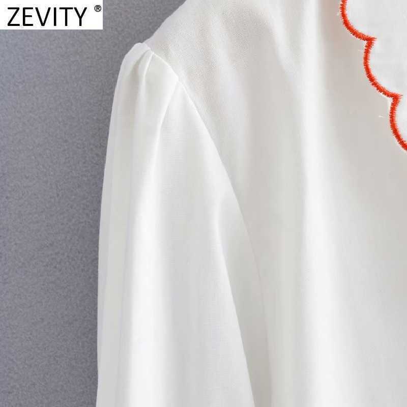 Zevity Women Sweet Floral Embroidery Casual Breasted Shirt Prairie Chic Puff Sleeve Female Blouse Roupas Chemise Tops LS9289 210603