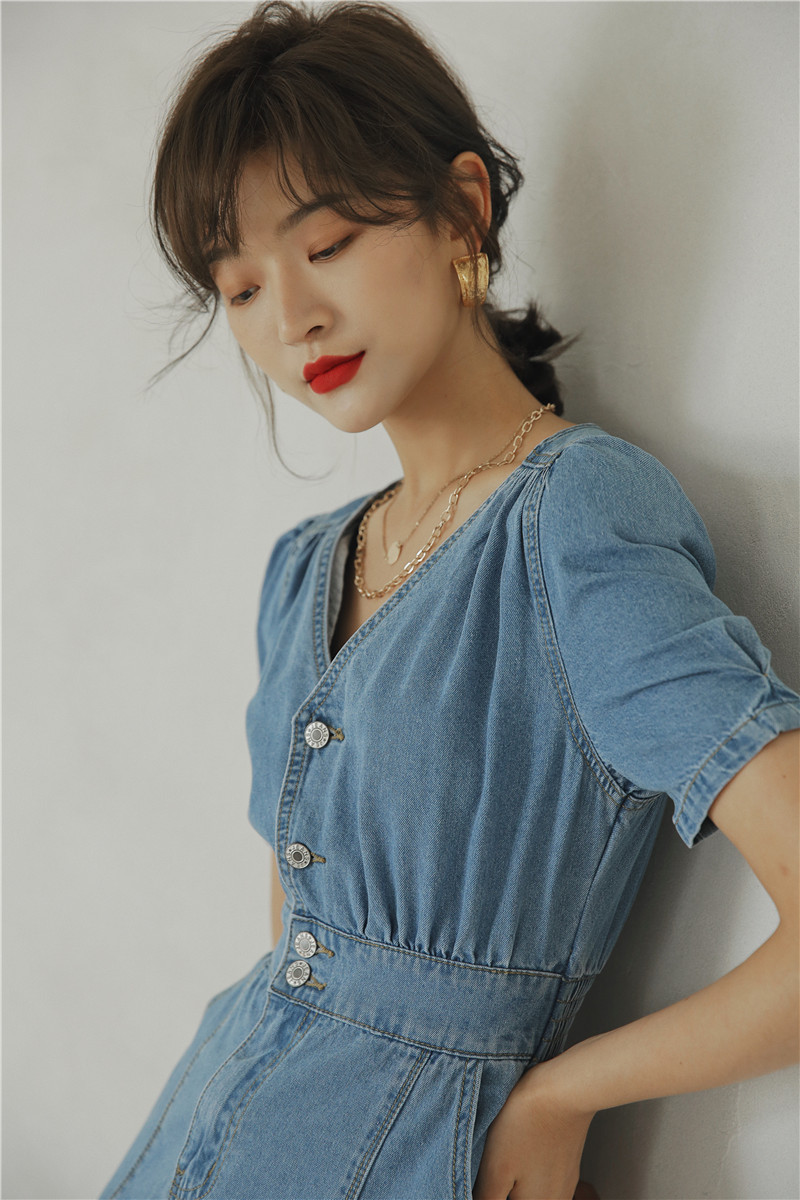 Puff Sleeve Summer Denim Mermaid Dresses Women Short V Neck Tunic Ladies A Line Long Midi Blue Jean Dress 210427
