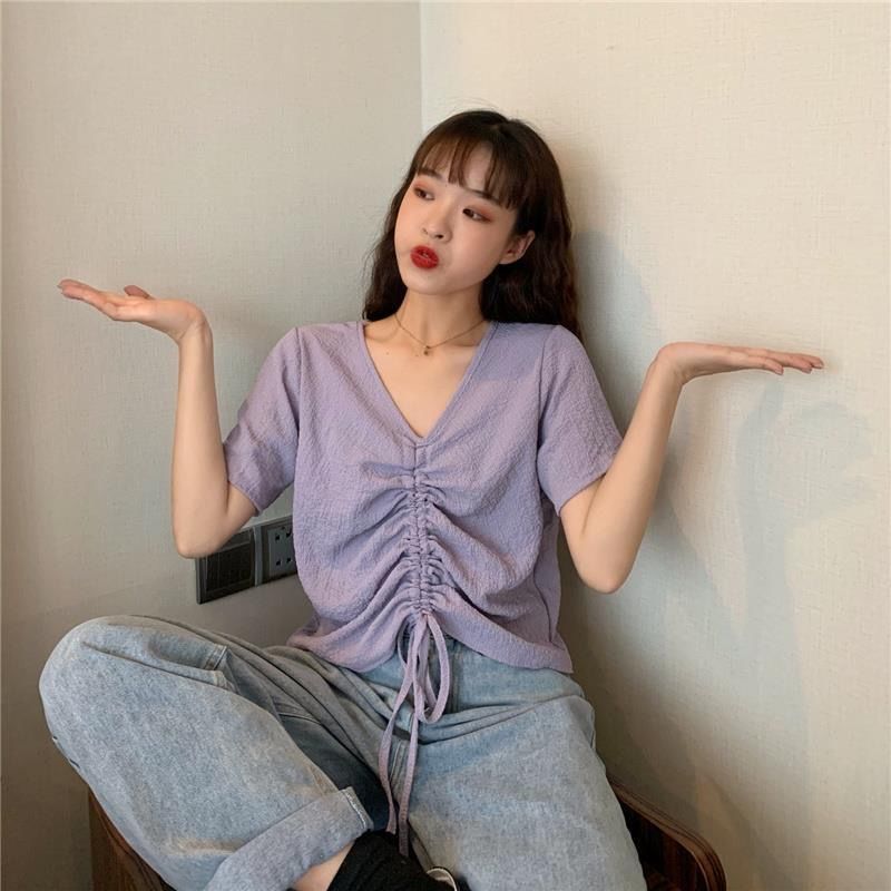 Wonder loose short paragraph ride short-sleeved T-shirt female summer drawstring fold plus size tops 210510