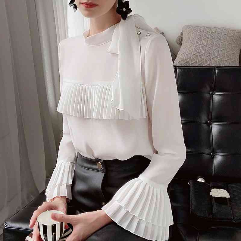 Dabuwawa Elegant Pleated Front Blouse Women Autumn Ruffle Sleeve Bow Neck Casual Solid Blouses Shirts Office Lady DT1CST005 210520