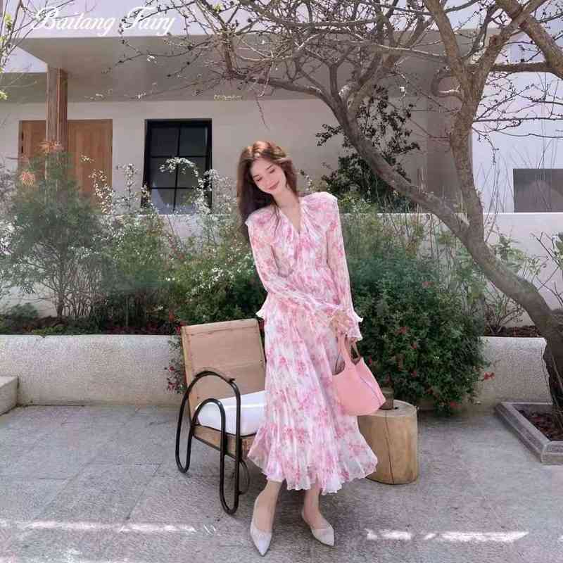 V-Neck Vingate Dress Women Long Sleeve Floral Midi Dress Beach Party Dress Korean Swweet Office Lady Summer 210521
