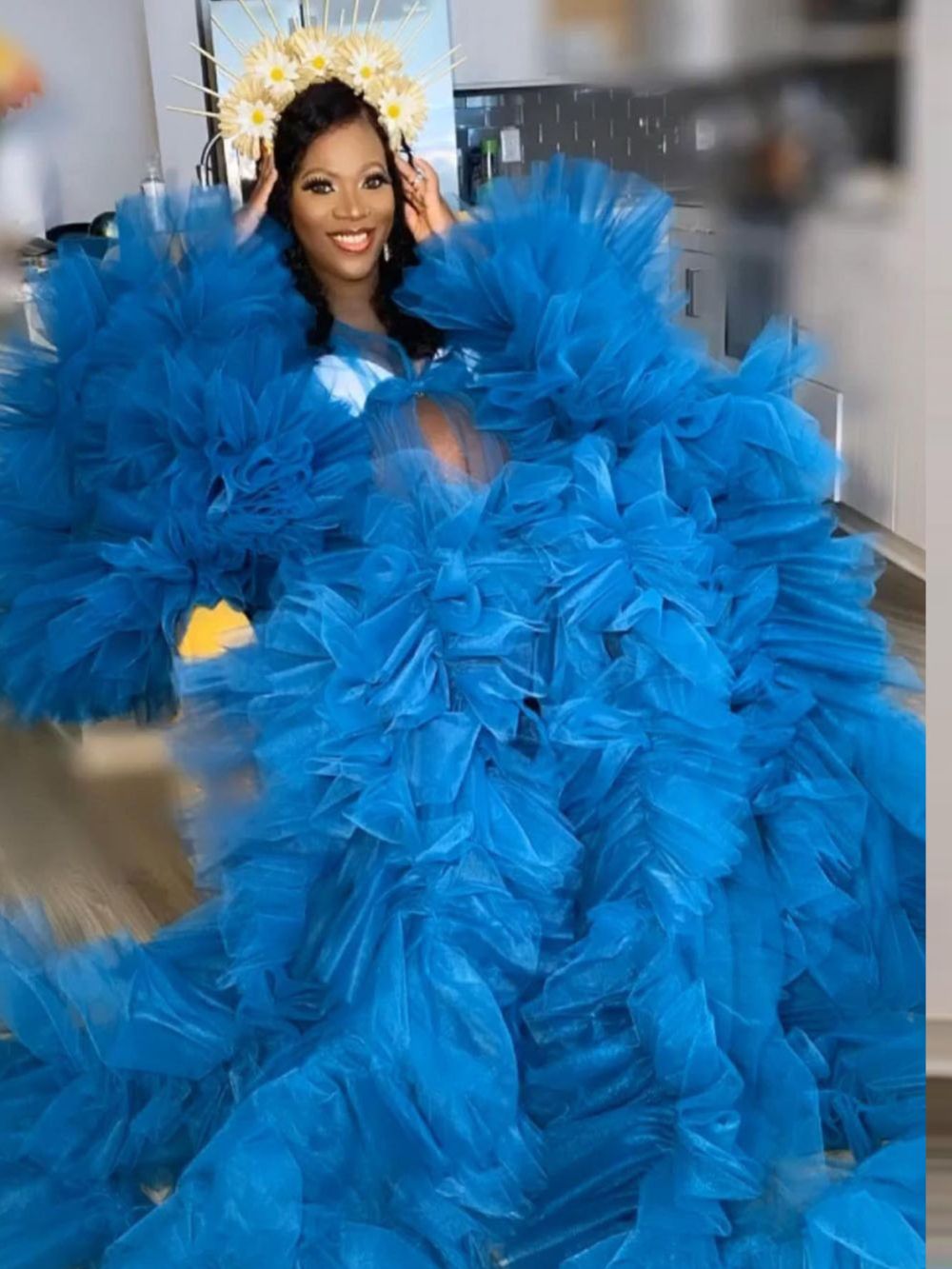 Elegant Tulle Blue Maternity Prom Dresses Plus Size See Through Puffy Sleeve Fluffy Tulle Bridal Evening Gown