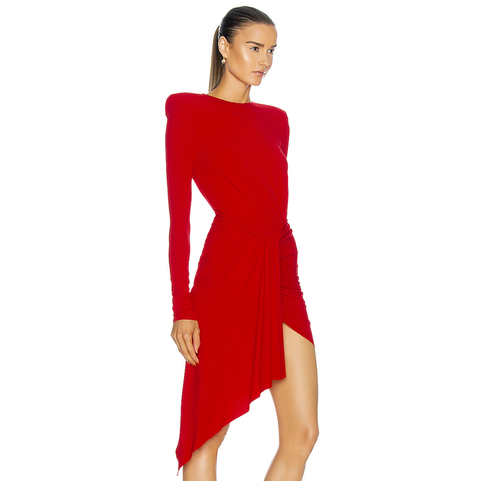 Winter Women Red Long Sleeve Bodycon Dress Sexy O Neck Draped Mini Length Celebrity Club Evening Party Lady 210423
