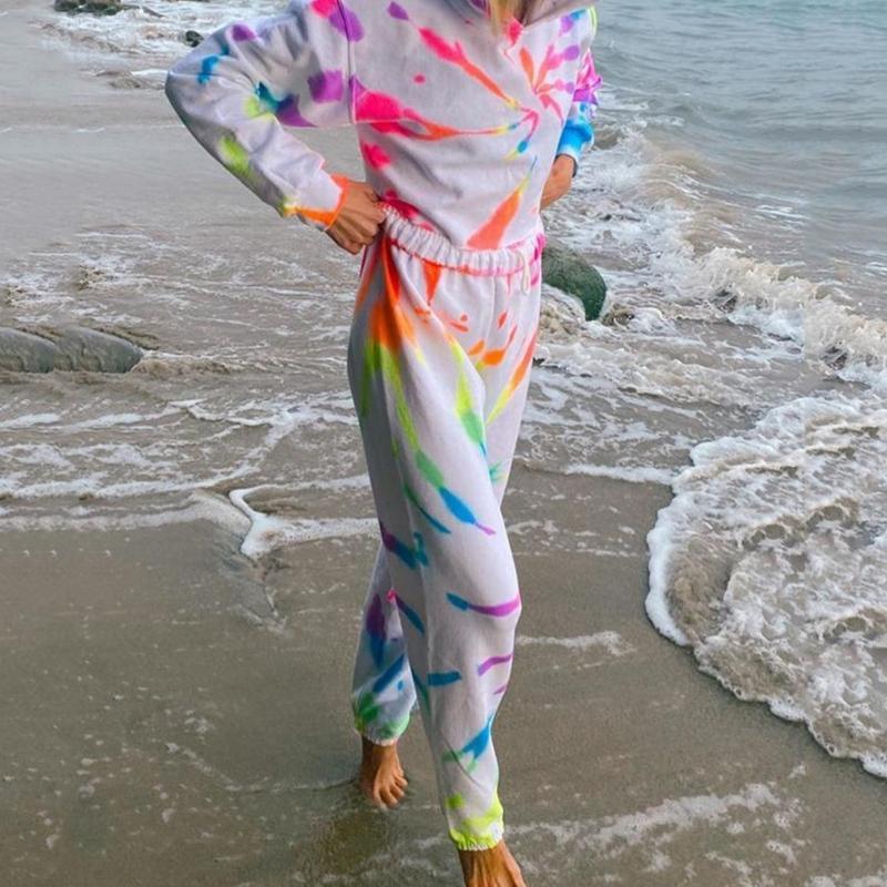 Tie Dye Printed Women Pajamas Set Long Sleeve Tops And Pants Lounge Wear Two Piece Dress
