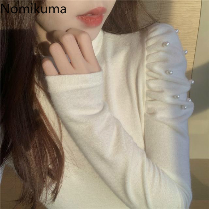 Nomikuma Korean Beads Puff Sleeve Knitted Pullovers New Stand Neck Slim Knitwear Causal Sexy Slim Sweater Camisas Mujer 6D838 210427