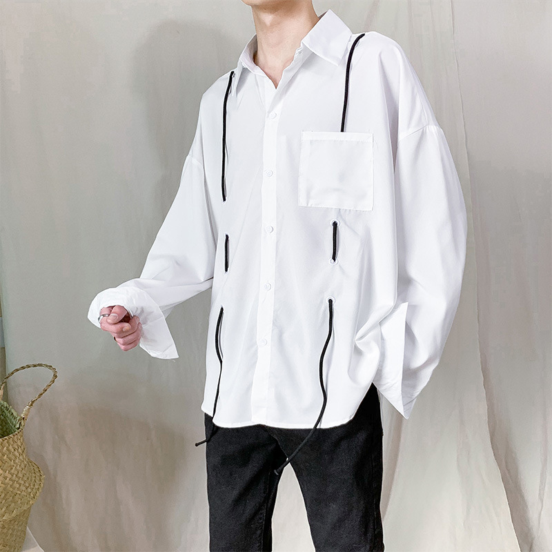 IEFB /men's wear korean oversize Shirt male Spring fashion drawstring loose long sleeve solid color tops 9Y1959 210524