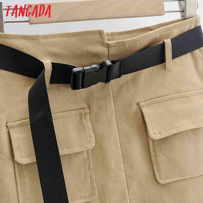 Women Pocket Solid Skirts with Belt Female Casual Mini Skirt 4P06 210416