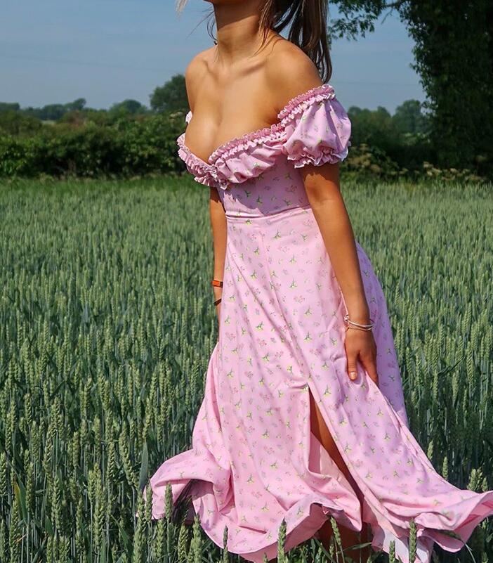 Sexy Split Floral Print Off Shoulder Dress Retro Women Wood ears Bra Collar Hem Slit Swing Long Dresses Holiday Vestidos 210429