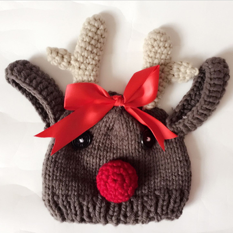 Christmas Deer born Cartoon Crochet Knitted Bowknot Baby Hat Pography Props 0-2 Month 210521