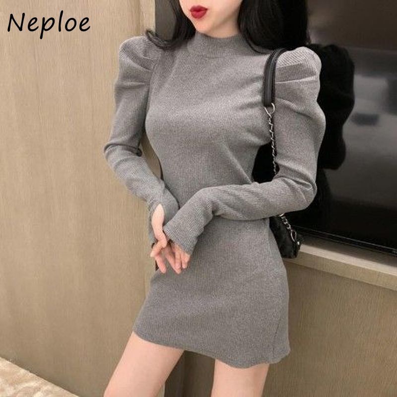 High Neck Pullover Long Sleeve Knit Sweater Dress Women Waist Hip Bodycon Vestidos Winter Robe Sueter 210422Z