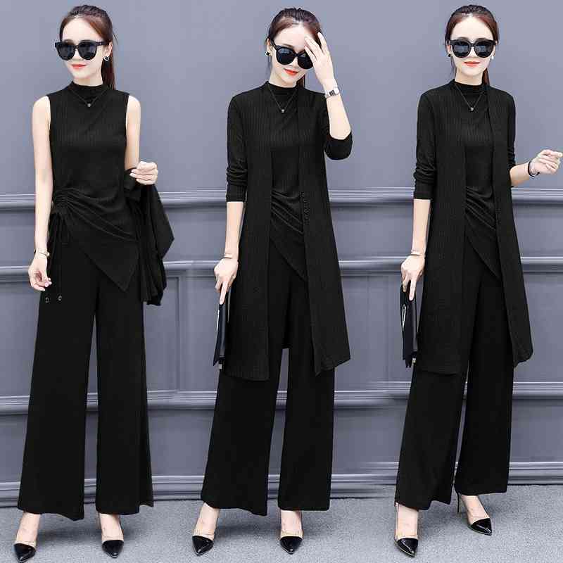 Women Tracksuit Long Sleeve Cardigan and Sleeveless Pullover Tops Wide Leg Pants Suit Women's Sets Knitted 3 Pieces Set 984A 210420