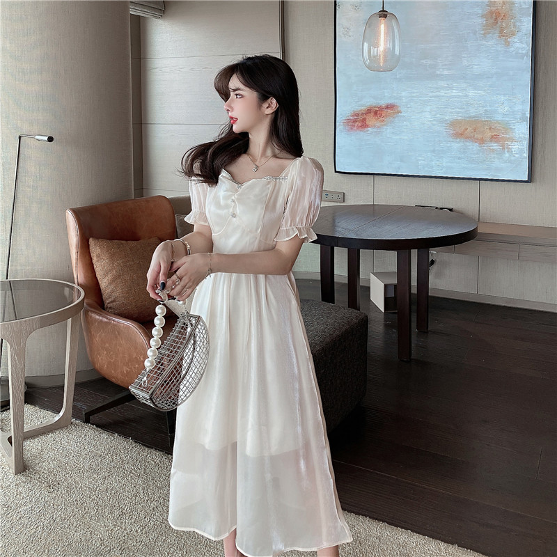 Summer Dresses Sweet Square Collar Flare Sleeve Dress Women High Waist Short Sleeve Midi Long Dresses Spring Robe 14088 210519