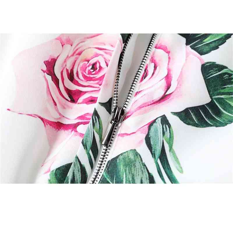 Runway Custom Summer Party Midi Dresses Women's Fashion ONeck Short Sleeve Rose Flower Print White Office Elegant Dress 210421