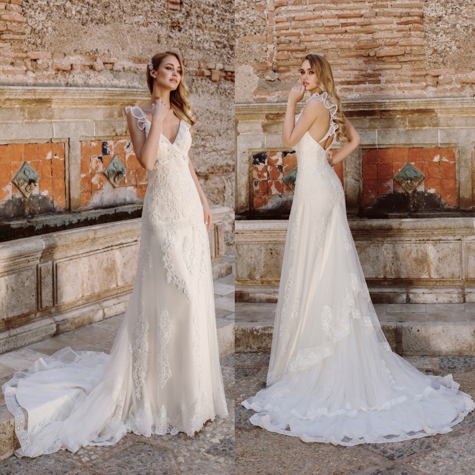 Amazing Lace Mermaid Wedding Dresses V Neck Backless Bridal Gowns Boho Sweep Train Appliqued Beach Tulle Vestido De Novia, Daffodil
Amazing Lace Mermaid Wedding Dresses V Neck Backless Bridal Gowns Boho Sweep Train Appliqued Beach Tulle Vestido De Novia, Daffodil