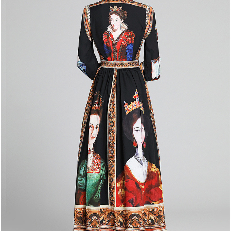 Summer Printing Temperament Long Sleeve Lapel Shirt Dress Slim High Waist Vintage Women Dresses 2H177 210526