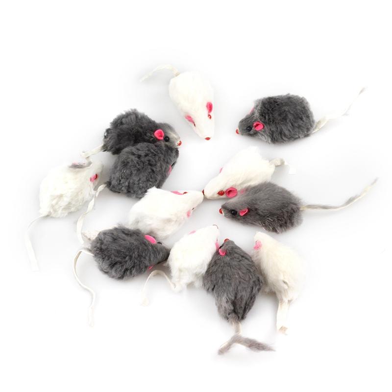 Cat Toys 12Pcs False Mouse Pet Long-Haired Tail Mice Sound Rattling Soft Real Fur Squeaky Toy