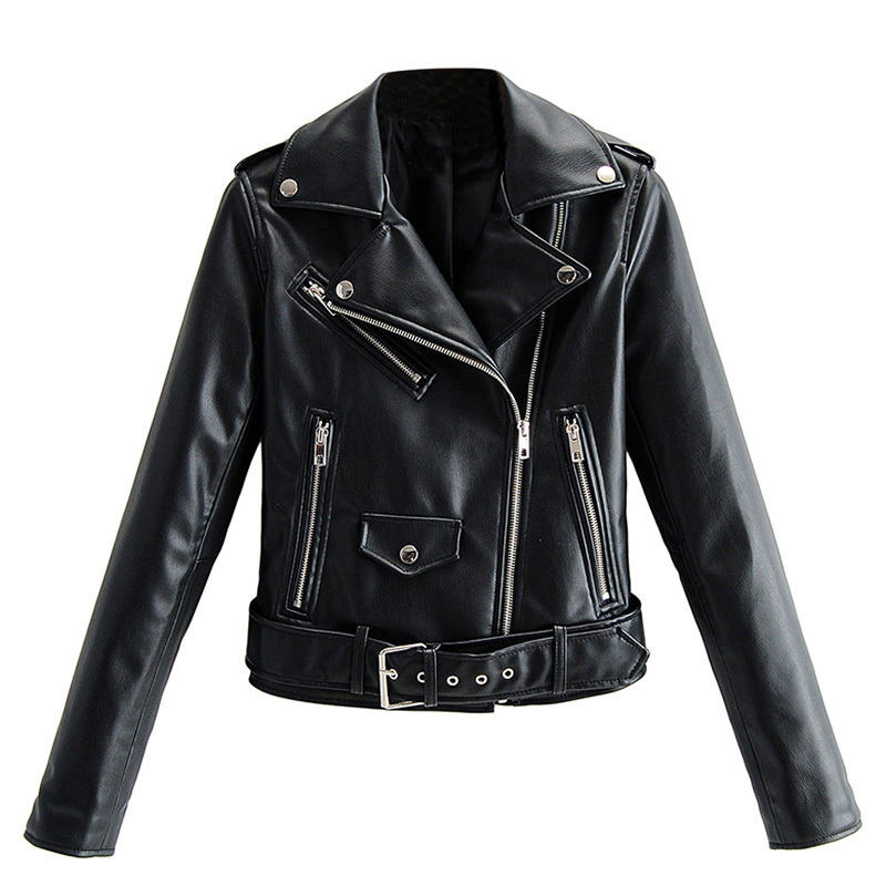 Fashion Women PU Faux Leather Jacket With Belt Turn Down Collar Solid Coat Outerwear Ladies Long Sleeve Chic Tops 210414