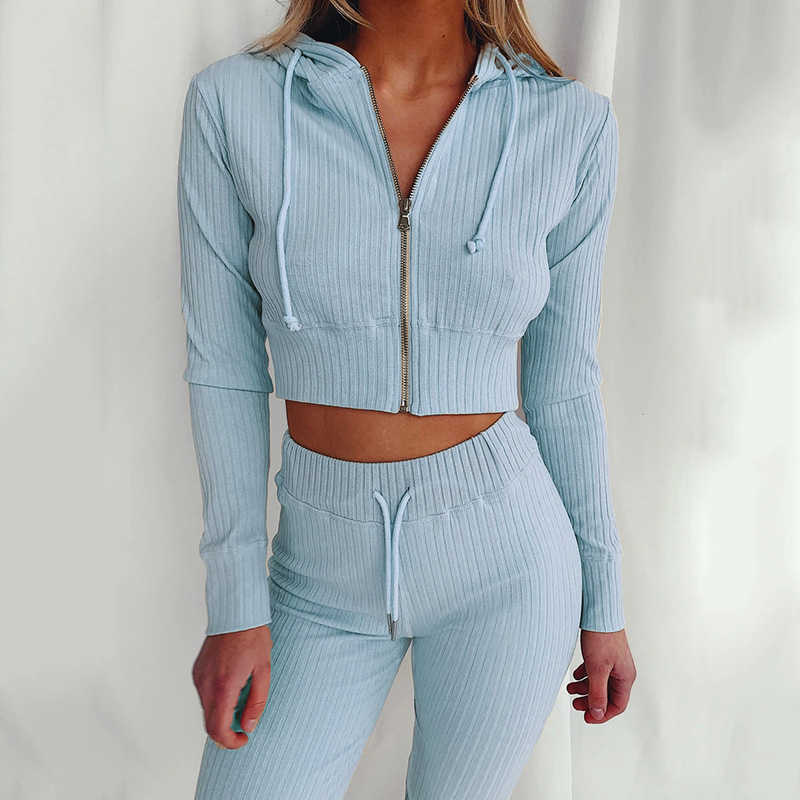 SPring Women Pajama Set Home Hooded Long-sleeved With Zipper Top Pants Suit Outfits Ladies Slim Casual Suit Homewear 210709