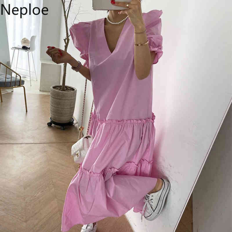 Neploe Fashion Ruffle Dress Women Puff Sleeve V Neck Casual Summer Vestidos Mujer Korean Patchwork Pleated Plus Size Dresses 210422