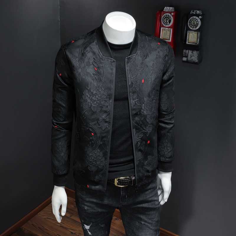 Spring Autumn Men Casual Jacket Coat Flower Slim Fit Pattern Bomber Jacket Men 4xl Puff Jacquard Black Bomber Jacket Men 210818
