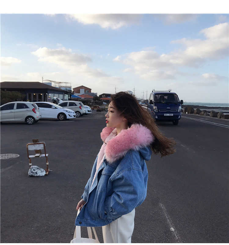 Denim plus velvet loose hooded jacket female winter Korea ins Harajuku vintage chic lamb hair fashion casual women 210608
