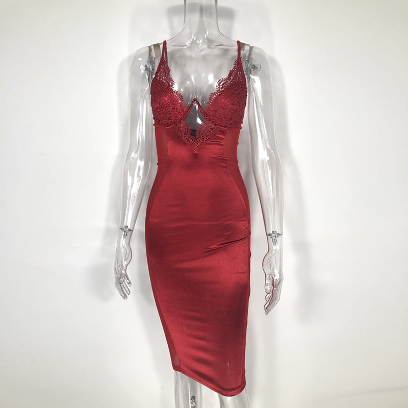 NewAsia Black Mesh Satin Dress Summer Midi Dress Woman Party Night Underwired Cut Out Bodycon Club Dresses Sexy Robe Femme Red 210409