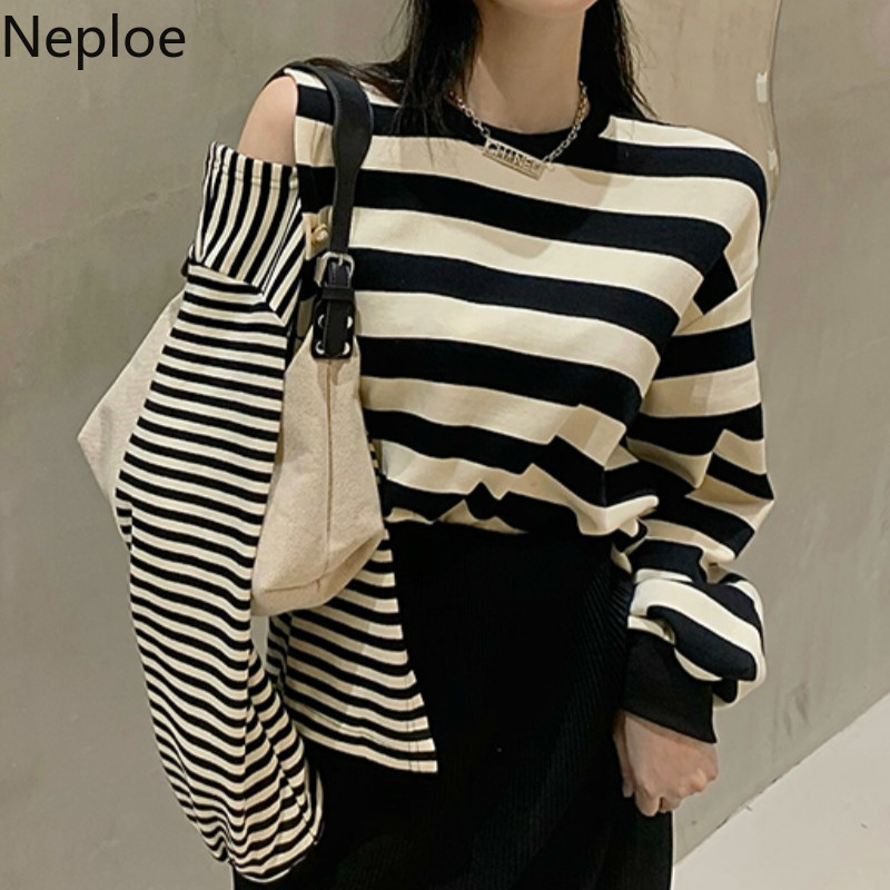 Neploe Woman Sweater Autumn Winter Clothes Sexy Off Shoulder Striped Knitted Pullovers Loose Casual Jumper Korean Sueter Coat 210422