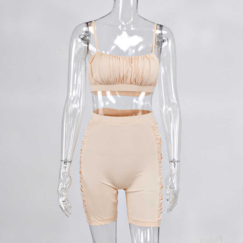 Colysmo Tracksuit Women Summer Activewear Two Piece Set Draped Spaghetti Strap Tops Shorts 2 Sets Outfits Black 210527