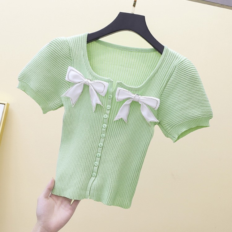 Women's Sweet Cute Bowknot Short Sleeve Slim Cardigan Sweater Korean Style Knitted Thin Fashion Chic Top Female 210519