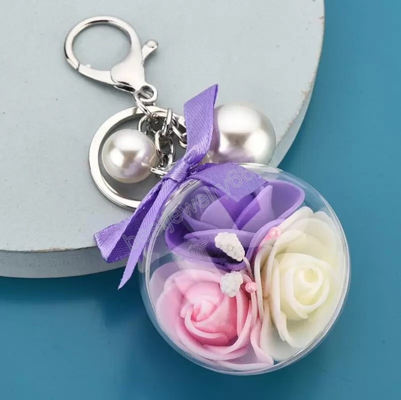 Fashion women Transparent Acrylic Ball Pendant keychains simulation rose flower Charms Pearl Lovely car bag Keychain Accessories