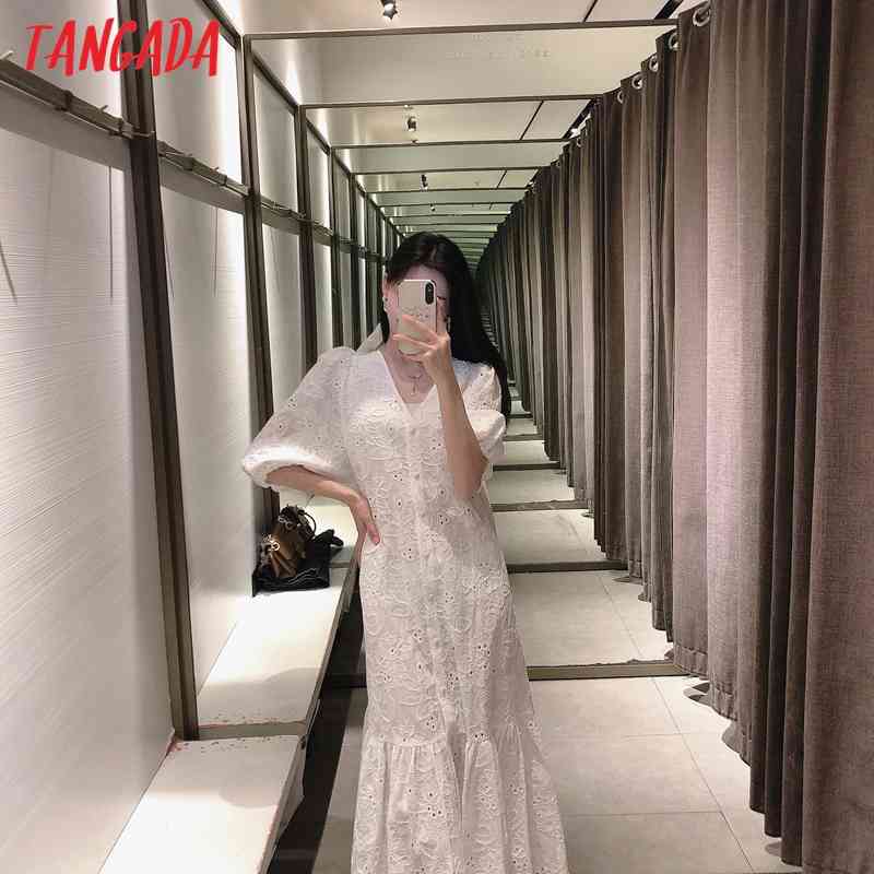 Summer Women Black Embroidery Cotton V Neck Short Sleeve Ladies Long Dress Vestidos 3H76 210416