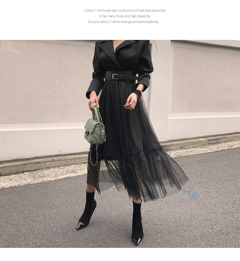 Elegant Blazer Dresses Spring Casual Mesh Patchwork Notched Collar Long Sleeve With Belt Midi Big Swing Vestidos 210519