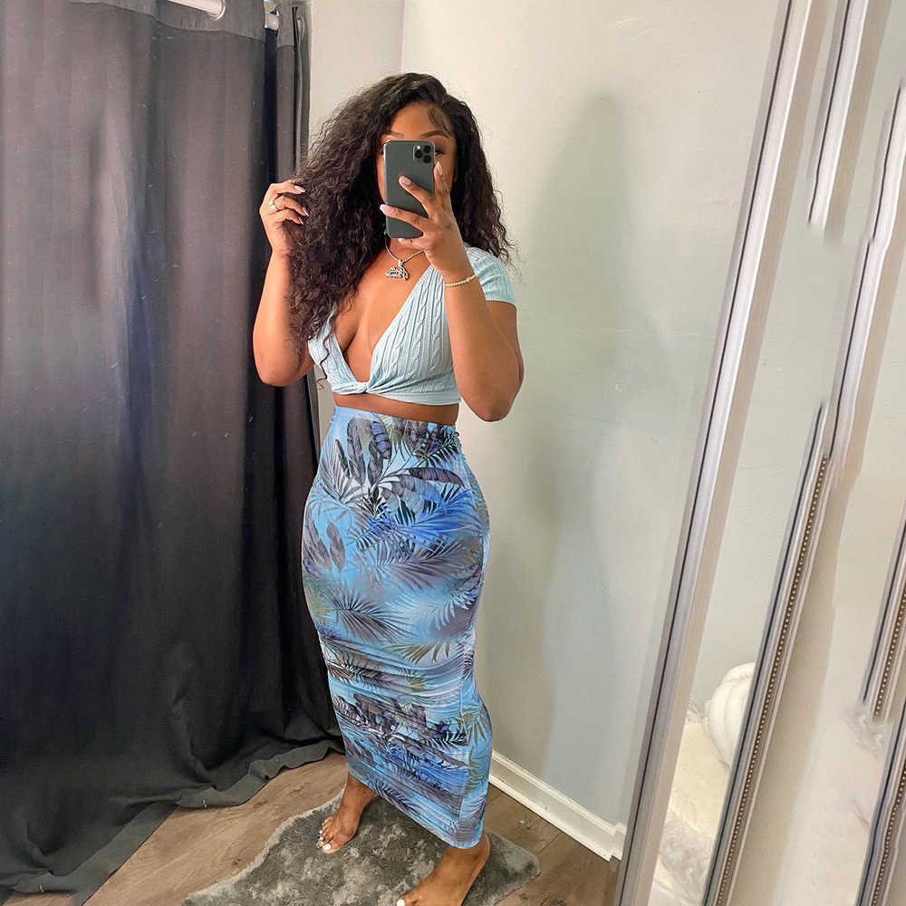 Women High Waist Leaf Printed Bodycon Maxi Skirts 210621