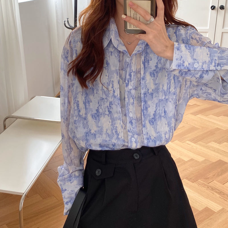 Thin Streetwear Printed Dying Chiffon Brief Sunscreen Outwear Elegance Loose Femme Gentle OL Casual Summer Shirts 210421