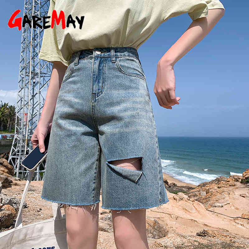 Women's Breeches Shorts Female Denim High Waist Ripped Knee Length Long Loose Vintage Summer 210428