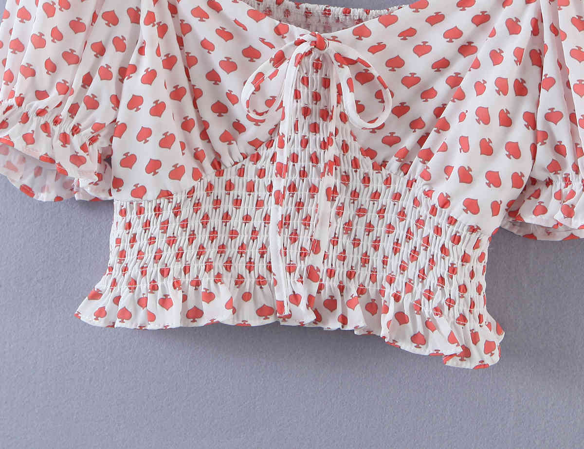 Sexy Elastic Ruched Back Heart Print Tank Tops Women Summer Short Puff Sleeve Square collar Crop Top High Waist Tees 210429