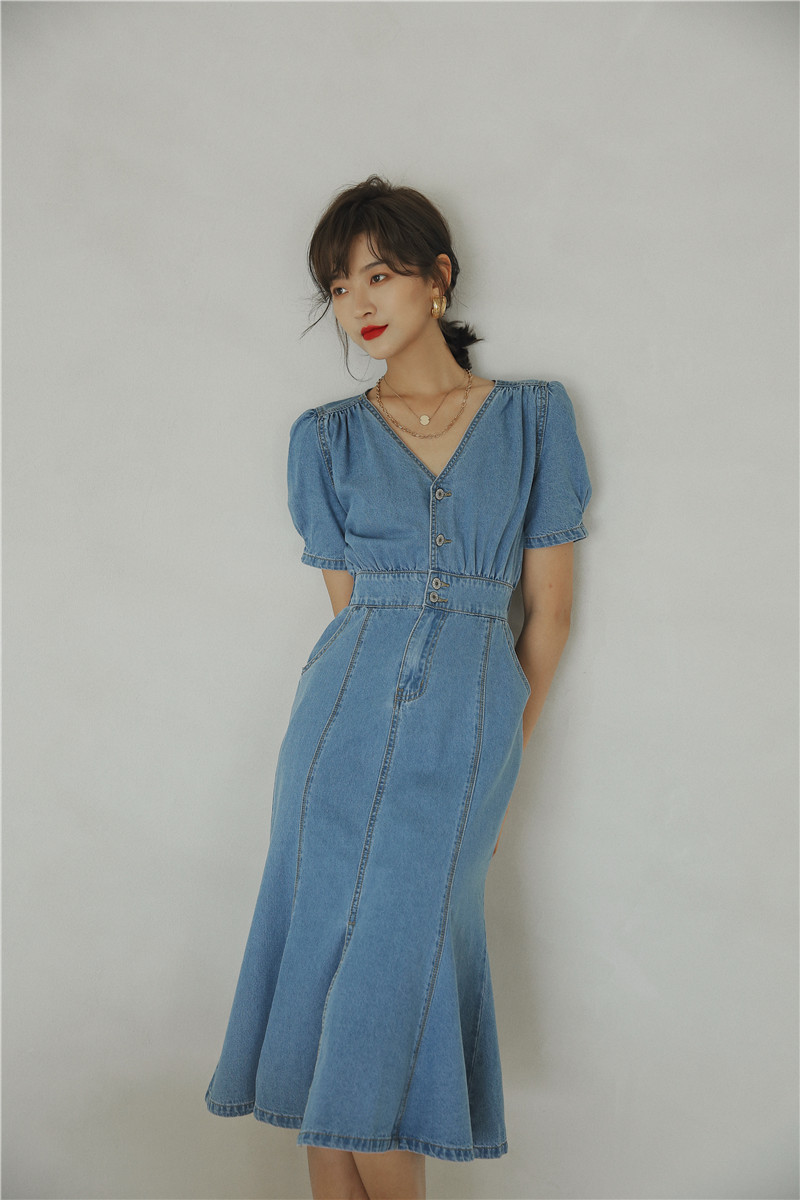 Puff Sleeve Summer Denim Mermaid Dresses Women Short V Neck Tunic Ladies A Line Long Midi Blue Jean Dress 210427