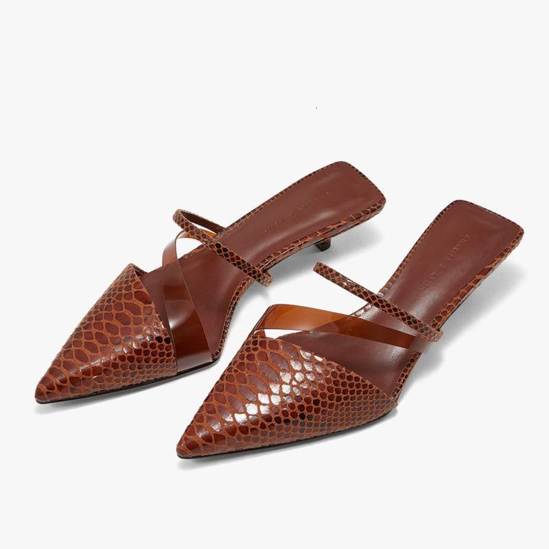 Slippers Low Heel Slides Women Stiletto Snake Leather Mules Shoes Slip On Pointed Toe Outdoor Sandals Lady Dress JP97