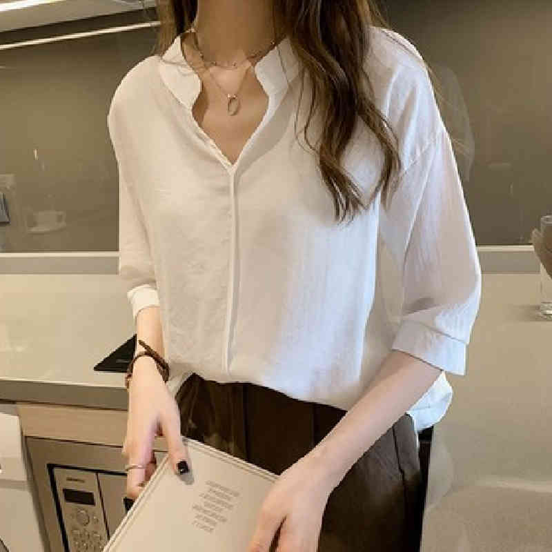 Casual Loose V Neck Blouse Women Summer Pullover Ladies Tops Blusas Office Plus Size Solid Elegant Chiffon Shirt 9998 210506