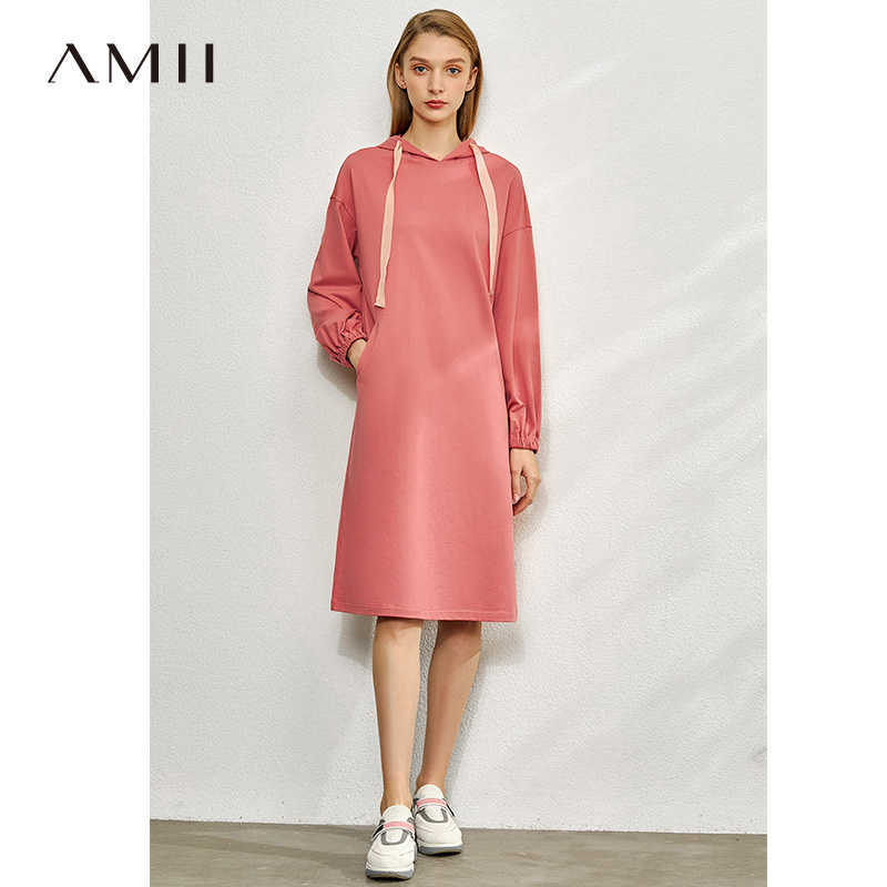Spring Cotton Dresses Women Casual Hooded Solid Lantern Sleeve Loose Female Mid Knee-length Dress 12030020 210527