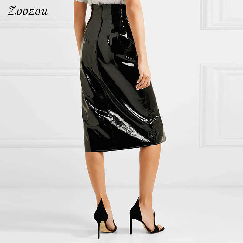 Sexy Black Split Side Patent Leather Pencil Skirt Women's High Waist Knee Length Elegant Office Lady's Latex Custom 210621