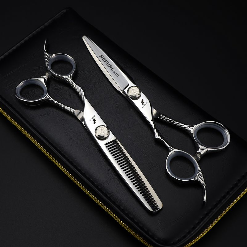 NEPURLSON 6.0 inch left hand hair cutting scissors kit 440C stainless steel with leather case