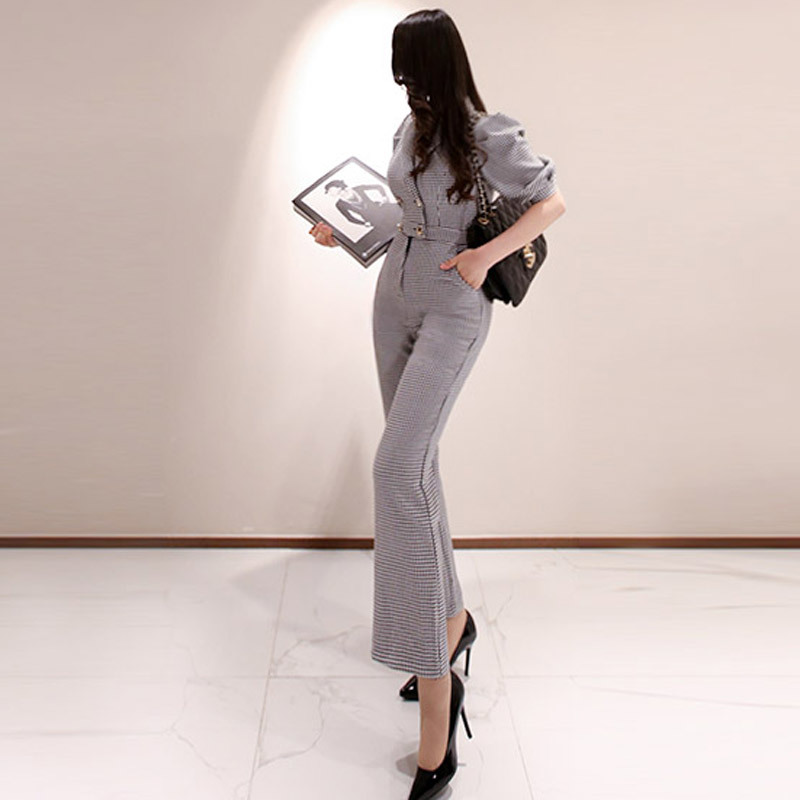 Summer Office Ladies Plaid Jumpsuits Bussines Short Sleeve Notched Neck Overalls Formal Work Rompers Jumpsuit 210506