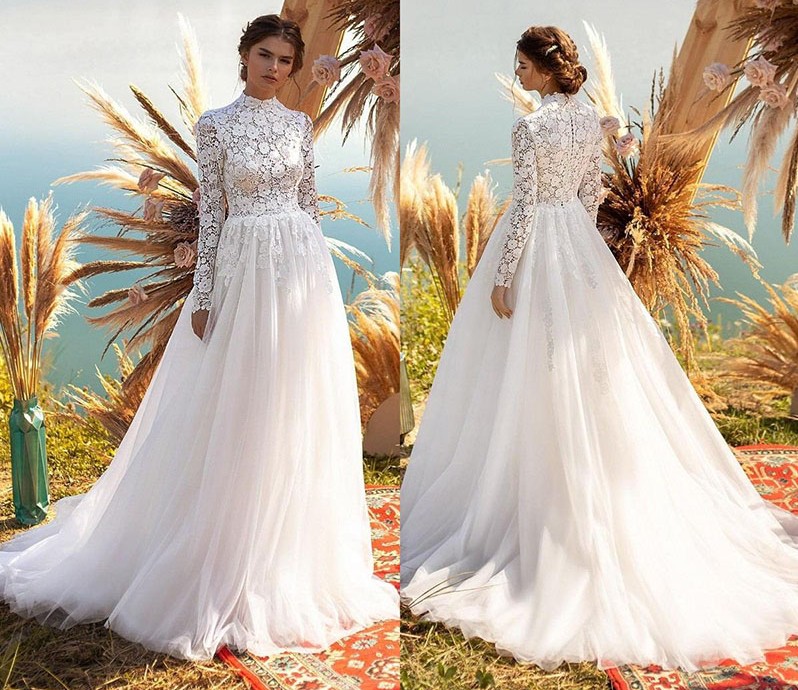 2022 Wedding Dress Muslim Long Sleeves Lace Appliques Princess Bridal Gown Boho A Line Wedding Dresses Vestidos de Noiva Robe Mariage