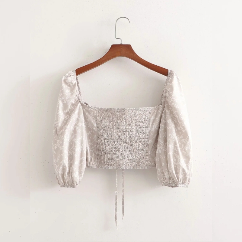 Summer Women Hollow Lace Up Printed Short Blouse Female Lantern Sleeve Shirt Casual Lady Slim Crop Tops Blusas S8968 210430