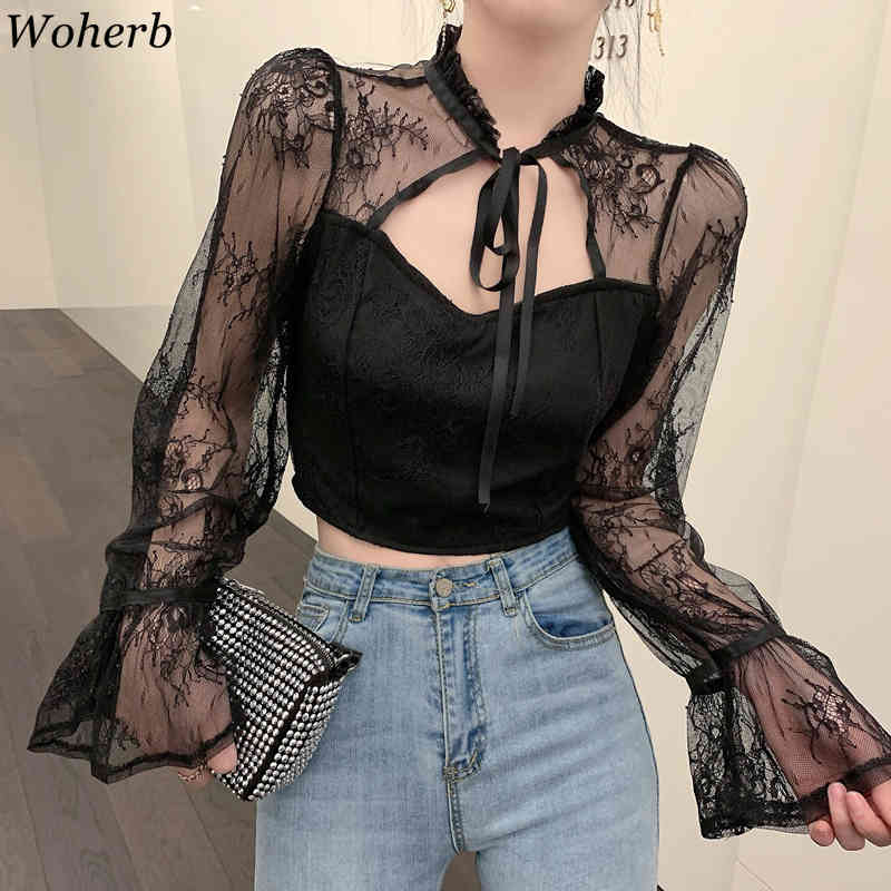Women Shirt See Through Gauze Patchwork Lace Tops Bowkout Lace-up Stand Neck Hollow Out Flare Long Sleeve Crop Top Blouse 210519