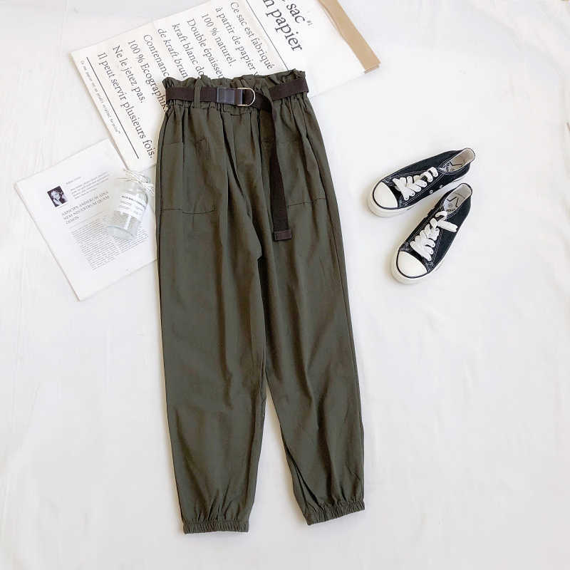LY VAREY LIN Spring Summer Women Casual High Waist Cargo Pants with Belt Fashion Elastic Solid Color Ankle-length 210526